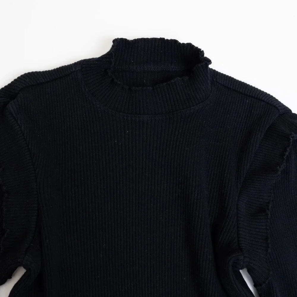 Current/Elliott The Ruffle Rib Top Black Ribbed Mock Neck Size 1 - Picture 5 of 11